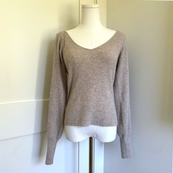 Reformation Sweaters - Reformation Cashmere Ribbed Knit V Neck Long Sleeve Sweater Top Beige